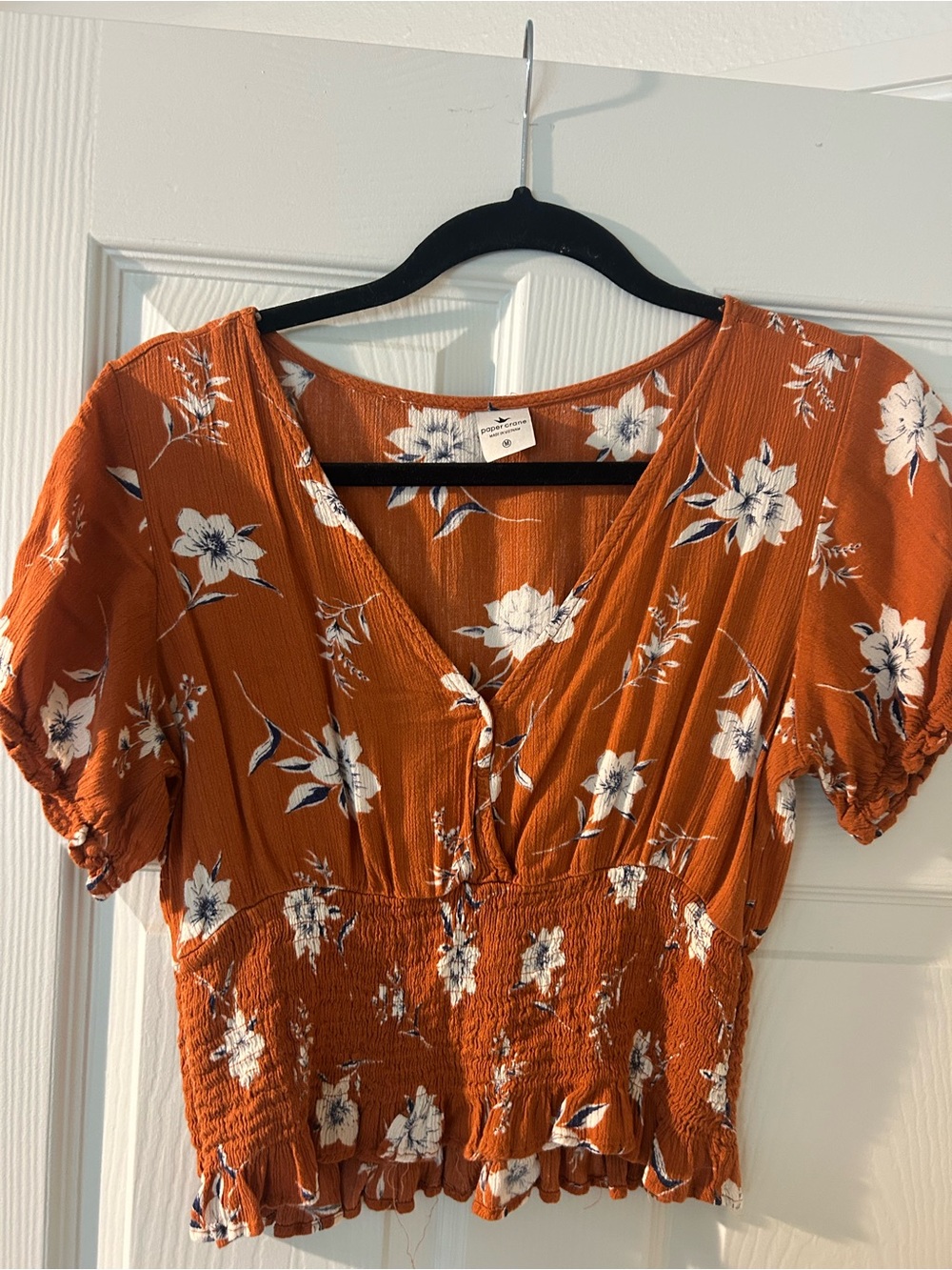 Paper Crane Rust Floral V-Neck Smocked Waist Mini Dress